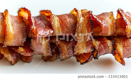 Close-Up of Crispy Fried Bacon Strips with Beautiful Texture Close-Up of Crispy Fried Bacon Strips with Beautiful Texture 133413801