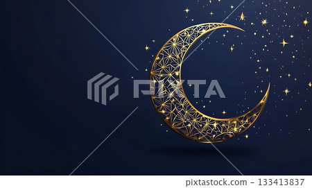 Glowing Crescent Moon Surrounded by Stars and Sparkling Lights Glowing Crescent Moon Surrounded by Stars and Sparkling Lights 133413837