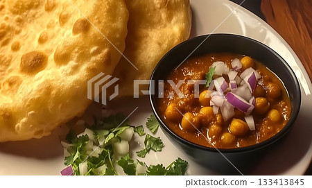 Chole Bhature with Onion Garnish and Fresh Coriander Chole Bhature with Onion Garnish and Fresh Coriander 133413845