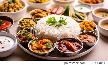 Traditional Indian Thali with Rice, Curries, and Fresh Garnishes 133413851