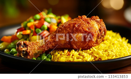 Crispy Fried Chicken Drumstick with Yellow Rice and Vegetables Crispy Fried Chicken Drumstick with Yellow Rice and Vegetables 133413853