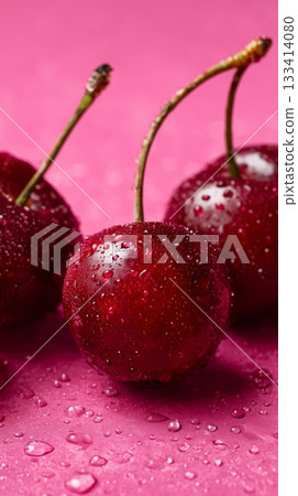 Fresh Cherries With Droplets on a Pink Surface Captured in Bright Light 133414080
