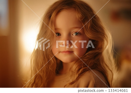 Child With Curly Hair Looking Directly at the Camera in a Warm Indoor Setting in the Evening Light 133414081