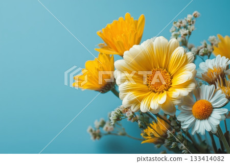 Bright Yellow and White Flowers Arranged Beautifully on a Blue Background in a Sunny Setting 133414082
