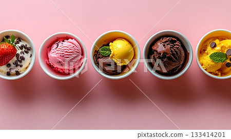 Five Delicious Ice Cream Flavors in Bowls with Toppings 133414201