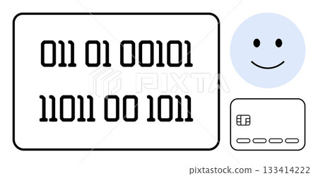 Binary code on a screen, happy face emotion, and a smart card chip. Ideal for technology, cybersecurity, digital transactions, AI, programming data encryption digital identity. Line metaphor Binary code on a screen, happy face emotion, and a smart card chip. Ideal for technology, cybersecurity, digital transactions, AI, programming data encryption digital identity. Line metaphor 133414222