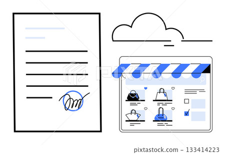 Digital contract with signature next to an online retail store interface under a cloud. Ideal for e-commerce, digital agreements, online businesses, cloud services, virtual transactions, digital Digital contract with signature next to an online retail store interface under a cloud. Ideal for e-commerce, digital agreements, online businesses, cloud services, virtual transactions, digital 133414223