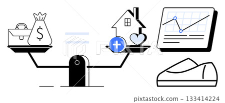 Scales balancing money and a briefcase against a house and heart, graph, and sneaker. Ideal for financial health, work-life balance, investment strategy, wellness, time management, career planning 133414224
