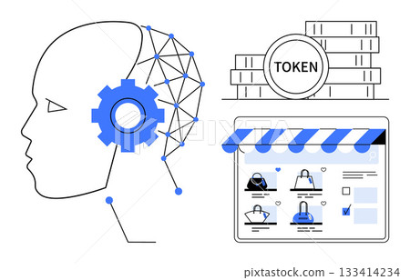 Human head with network lines and gear, stack of tokens, online shopping platform. Ideal for technology, AI, e-commerce, blockchain, digital currencies online retail innovation themes. Line Human head with network lines and gear, stack of tokens, online shopping platform. Ideal for technology, AI, e-commerce, blockchain, digital currencies online retail innovation themes. Line 133414234
