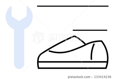 Sneaker outline with a large wrench, highlighting repair and maintenance elements. Ideal for shoe care, cobbler services, repair shops, DIY projects, footwear brands, manufacturing, and technical Sneaker outline with a large wrench, highlighting repair and maintenance elements. Ideal for shoe care, cobbler services, repair shops, DIY projects, footwear brands, manufacturing, and technical 133414236