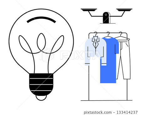 Light bulb icon, balance scale, clothing rack with shirt, coat, and pants. Ideal for business innovation, balance, fashion industry, decision making creativity professional attire productivity Light bulb icon, balance scale, clothing rack with shirt, coat, and pants. Ideal for business innovation, balance, fashion industry, decision making creativity professional attire productivity 133414237