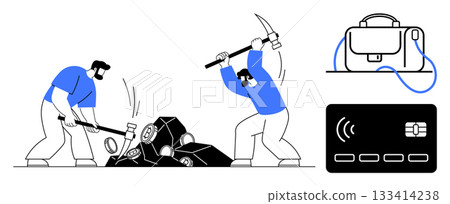 Men mining rocks with pickaxes, accompanied by a briefcase and a credit card. Ideal for themes in digital economy, mining industry, teamwork, financial technology, remote work, e-commerce 133414238