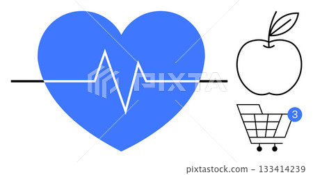 Heartbeat line across blue heart, simple apple outline, shopping cart with notification badge. Ideal for healthcare, fitness, online shopping, wellness, nutrition e-commerce lifestyle. Line 133414239