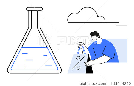 Beaker half-filled with liquid and cloud above, man holding percentage shopping bag. Ideal for scientific research, chemistry, sales, retail, discounts, cloud storage and minimalism concepts. Line 133414240