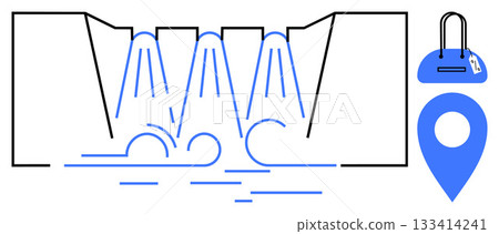 Flowing water from a dam, blue shopping bag with a tag, and location pin. Ideal for environmental themes, hydropower, shopping, navigation, sustainability travel and minimalistic art. Line metaphor Flowing water from a dam, blue shopping bag with a tag, and location pin. Ideal for environmental themes, hydropower, shopping, navigation, sustainability travel and minimalistic art. Line metaphor 133414241