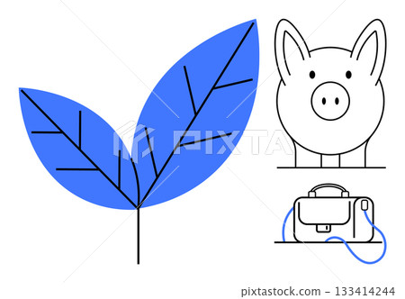 Blue leaf, piggy bank, and briefcase outline symbolize eco-friendly finance, savings, and business. Ideal for sustainability, eco-finance, green business, financial planning, savings, corporate 133414244