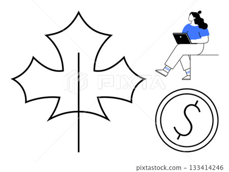 Woman working on a laptop sitting on a ledge, outlined leaf, circular currency symbol. Ideal for economic growth, environmental finance, remote work, digital economy, sustainability, online business Woman working on a laptop sitting on a ledge, outlined leaf, circular currency symbol. Ideal for economic growth, environmental finance, remote work, digital economy, sustainability, online business 133414246