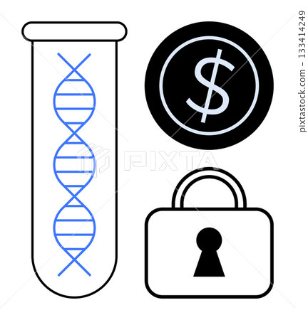 DNA helix in test tube signifies genetic research, dollar coin symbolizes funding or investment, lock signifies data security or privacy. Ideal for medical research, biotechnology, finance DNA helix in test tube signifies genetic research, dollar coin symbolizes funding or investment, lock signifies data security or privacy. Ideal for medical research, biotechnology, finance 133414249