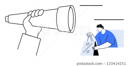 Hand holding telescope examining for deals, shopper with discount bags, minimalist blue and black tones. Ideal for marketing, sales, promotions, discounts, e-commerce, retail shopping strategies Hand holding telescope examining for deals, shopper with discount bags, minimalist blue and black tones. Ideal for marketing, sales, promotions, discounts, e-commerce, retail shopping strategies 133414251