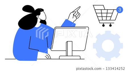 Woman pointing at shopping cart with notification and working on desktop computer next to gear icon. Ideal for e-commerce, online shopping, digital marketing, customer service, tech support, user Woman pointing at shopping cart with notification and working on desktop computer next to gear icon. Ideal for e-commerce, online shopping, digital marketing, customer service, tech support, user 133414252
