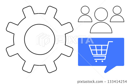 Gear mechanism, group of people, and shopping cart inside chat bubble. Ideal for teamwork, collaboration, e-commerce, customer service, online shopping, business strategy, marketing. Line metaphor 133414254
