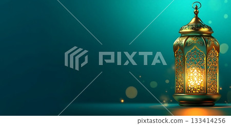 Elegant golden lantern illuminating against teal background with sparkle. 133414256