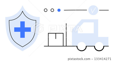 Cross-emblazoned shield and delivery truck transporting medical supplies. Ideal for healthcare logistics, supply chain management, medical transportation, safety assurance, online pharmacy services Cross-emblazoned shield and delivery truck transporting medical supplies. Ideal for healthcare logistics, supply chain management, medical transportation, safety assurance, online pharmacy services 133414271