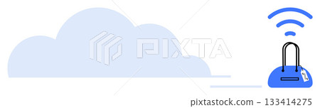 Cloud with lines indicating movement, blue padlock with tag, and wireless signal above it. Ideal for data security, cloud computing, network protection, online privacy, cybersecurity, data storage Cloud with lines indicating movement, blue padlock with tag, and wireless signal above it. Ideal for data security, cloud computing, network protection, online privacy, cybersecurity, data storage 133414275