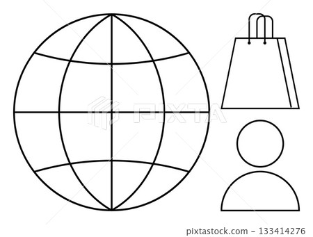 Globe with latitude and longitude lines, shopping bag, and person icon. Ideal for e-commerce, global business, online shopping, consumer behavior, digital economy, market analysis worldwide trade Globe with latitude and longitude lines, shopping bag, and person icon. Ideal for e-commerce, global business, online shopping, consumer behavior, digital economy, market analysis worldwide trade 133414276