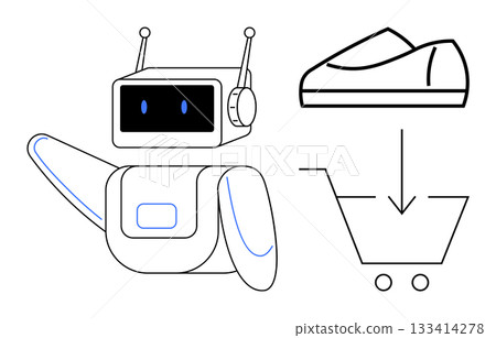 Robot with antennae and black face screen pointing to shoe entering shopping cart. Ideal for e-commerce, technology, retail, AI, automation, customer support, and digital marketing themes. Line 133414278