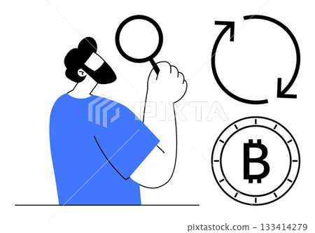 Individual holds magnifying glass, examining cryptocurrency trends represented by Bitcoin symbol and refresh icon. Ideal for finance, blockchain, cryptocurrency analysis, digital currency education 133414279