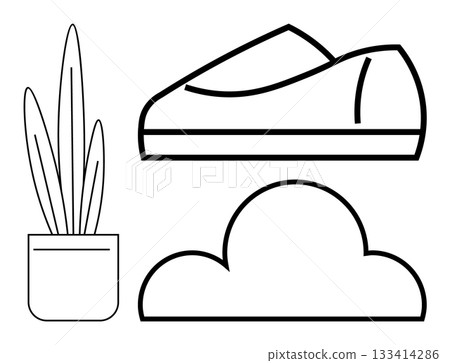 Potted plant next to a casual shoe above a cloud shape. Ideal for fashion, gardening, weather, nature, minimalism, home decor, and lifestyle themes. Line metaphor Potted plant next to a casual shoe above a cloud shape. Ideal for fashion, gardening, weather, nature, minimalism, home decor, and lifestyle themes. Line metaphor 133414286