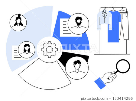 Hand holding magnifying glass over candidate profiles connected to pie chart, documents, and clothing rack. Ideal for hiring, HR, business analysis, market research, career development, team 133414296