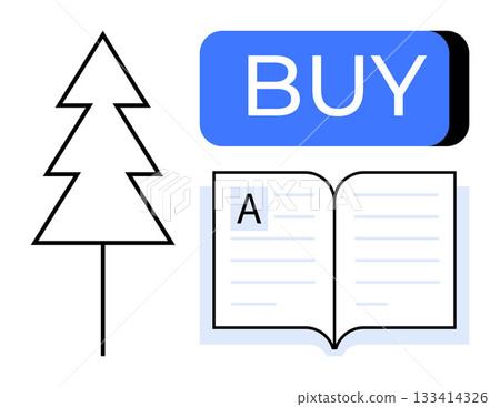 Stylized pine tree, open book with letter A, and bold blue BUY button. Ideal for online bookstores, digital content libraries, educational platforms, holiday promotions, e-commerce, environmental 133414326