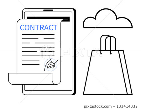 Digital tablet showing a signed contract beside a shopping bag and cloud icon. Ideal for online business, e-commerce, legal agreements, digital storage, contract management, cloud services, retail Digital tablet showing a signed contract beside a shopping bag and cloud icon. Ideal for online business, e-commerce, legal agreements, digital storage, contract management, cloud services, retail 133414332