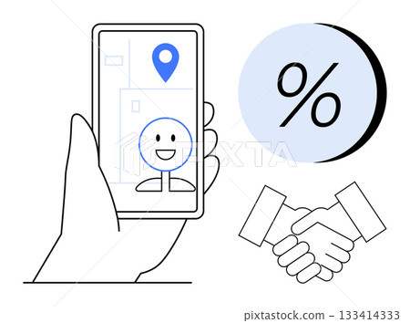 Hand holding smartphone with map and happy face, blue location pin. Percentage symbol and handshake illustration beside it. Ideal for business deals, e-commerce, partnerships, GPS, online Hand holding smartphone with map and happy face, blue location pin. Percentage symbol and handshake illustration beside it. Ideal for business deals, e-commerce, partnerships, GPS, online 133414333
