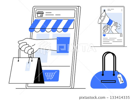 Hand holding shopping bags from smartphone screen, bullhorn promotion on social media, and purse. Ideal for e-commerce, online shopping, digital marketing, social media, retail, advertising Hand holding shopping bags from smartphone screen, bullhorn promotion on social media, and purse. Ideal for e-commerce, online shopping, digital marketing, social media, retail, advertising 133414335