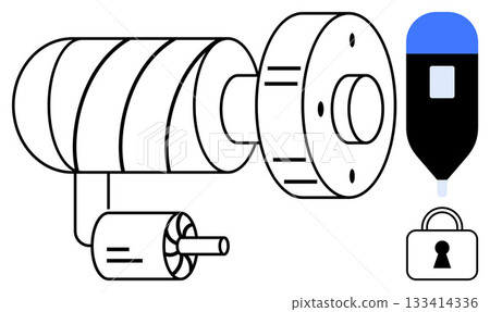 Electric motor, surveillance camera, key fob, and lock illustrate a theme of technology and security. Ideal for smart home systems, security, electronics, engineering, technology safety Electric motor, surveillance camera, key fob, and lock illustrate a theme of technology and security. Ideal for smart home systems, security, electronics, engineering, technology safety 133414336
