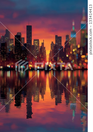 Stunning city skyline at sunset reflected in water, vibrant colors and silhouettes. 133414413
