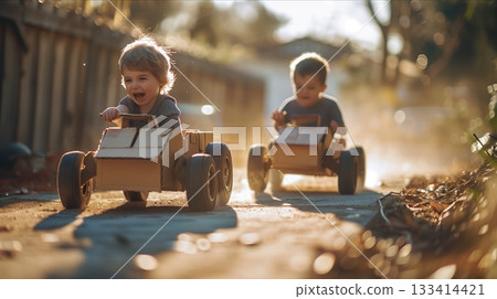 Two joyful children racing in wooden toy cars on a bright sunny day. 133414421