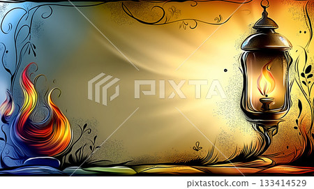 Decorative Lantern and Flame with Abstract Background for Diwali 133414529