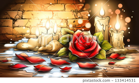 Melting Candles with Rose Petals in Warm Light for Indian Festivals Melting Candles with Rose Petals in Warm Light for Indian Festivals 133414531