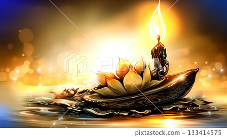 Elegant Diwali Diya Floating on Water with Radiant Light 133414575