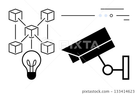 Blockchain network linked with light bulb and security camera. Ideal for technology, innovation, security, blockchain, digital transformation, data privacy, and surveillance concepts. Line metaphor 133414623