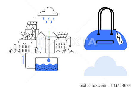 Buildings collect rainwater into underground storage while a blue handbag with a tag represents eco-friendly fashion. Ideal for sustainability, water conservation, urban planning, green living 133414624