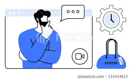 Character on video call, hand on chin in thinking pose. Adjacent icons include clock, handbag, chat bubble. Ideal for productivity, online meetings, virtual collaboration, time management 133414625