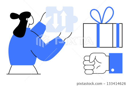 Person holding puzzle piece with arrows, symbolizing teamwork. Gift box and handshake elements emphasize collaboration, trust, and mutual benefits. Ideal for business, cooperation. Line metaphor Person holding puzzle piece with arrows, symbolizing teamwork. Gift box and handshake elements emphasize collaboration, trust, and mutual benefits. Ideal for business, cooperation. Line metaphor 133414626
