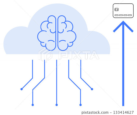 Brain enclosed in a cloud with data links extending downwards. Credit card icon with an upward arrow. Ideal for fintech, AI, cloud computing, cybersecurity, data analysis, innovation, digital 133414627