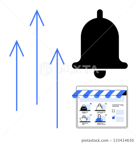 Large notification bell with upward blue arrows and online store interface, shopping elements. Ideal for e-commerce, marketing, digital growth, online shopping trends, notifications, business 133414630