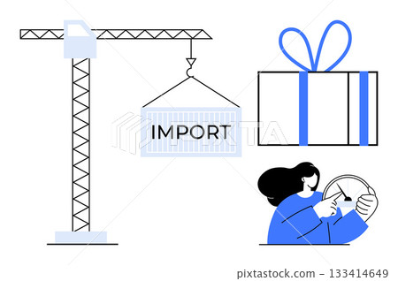 Cargo crane lifting IMPORT container next to gift box and woman driving truck. Ideal for logistics, transportation, import-export, supply chain, delivery services, global trade, and business Cargo crane lifting IMPORT container next to gift box and woman driving truck. Ideal for logistics, transportation, import-export, supply chain, delivery services, global trade, and business 133414649